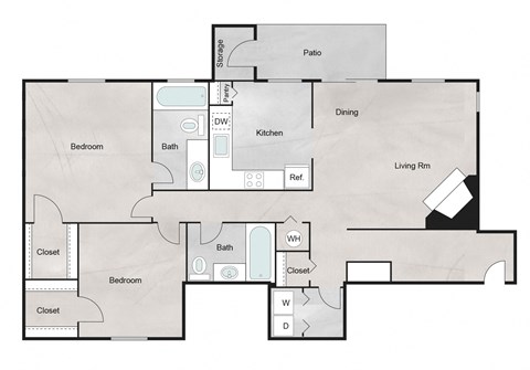 Floor plan for 2 beds, 2 baths, 1146 sqft